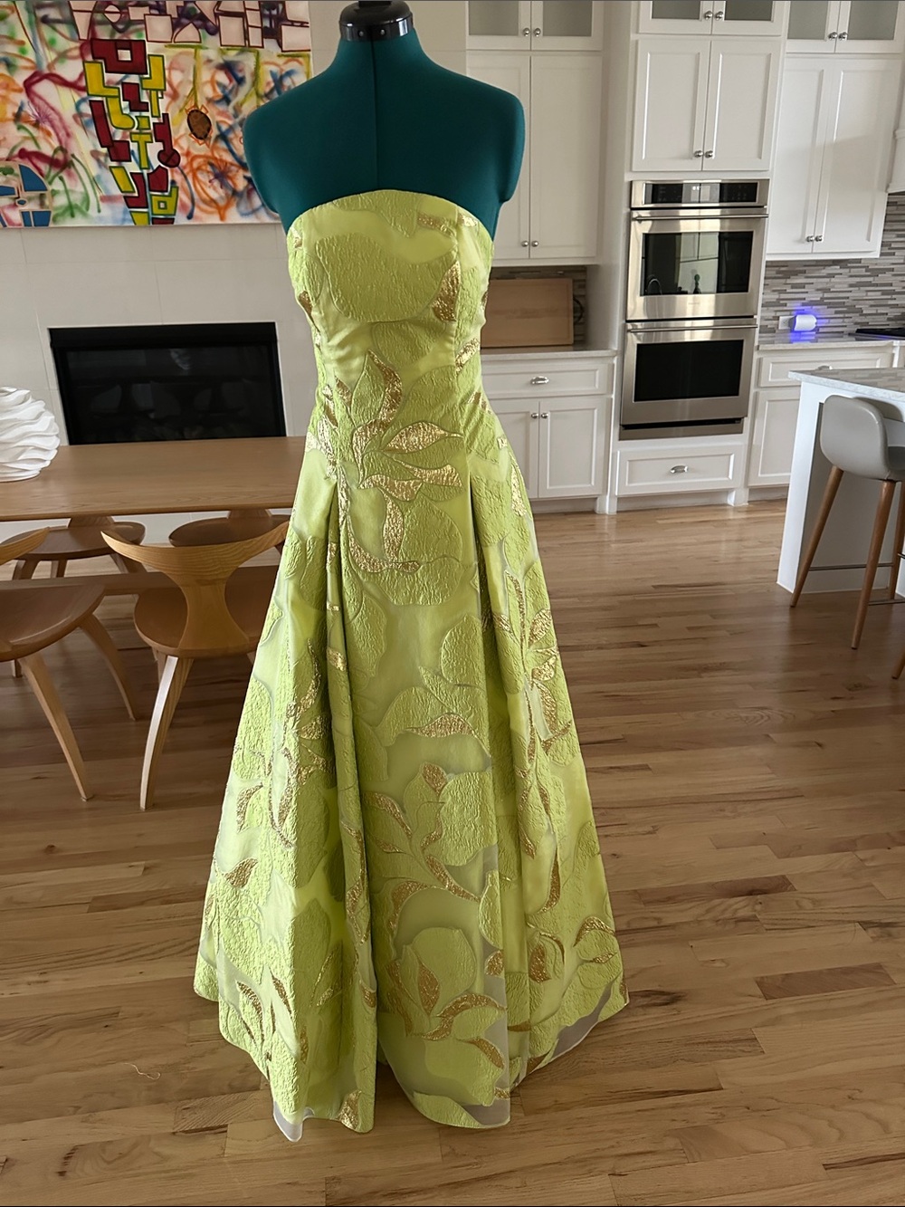 Jovani Lime Green Satin Dress with Gold Stitching